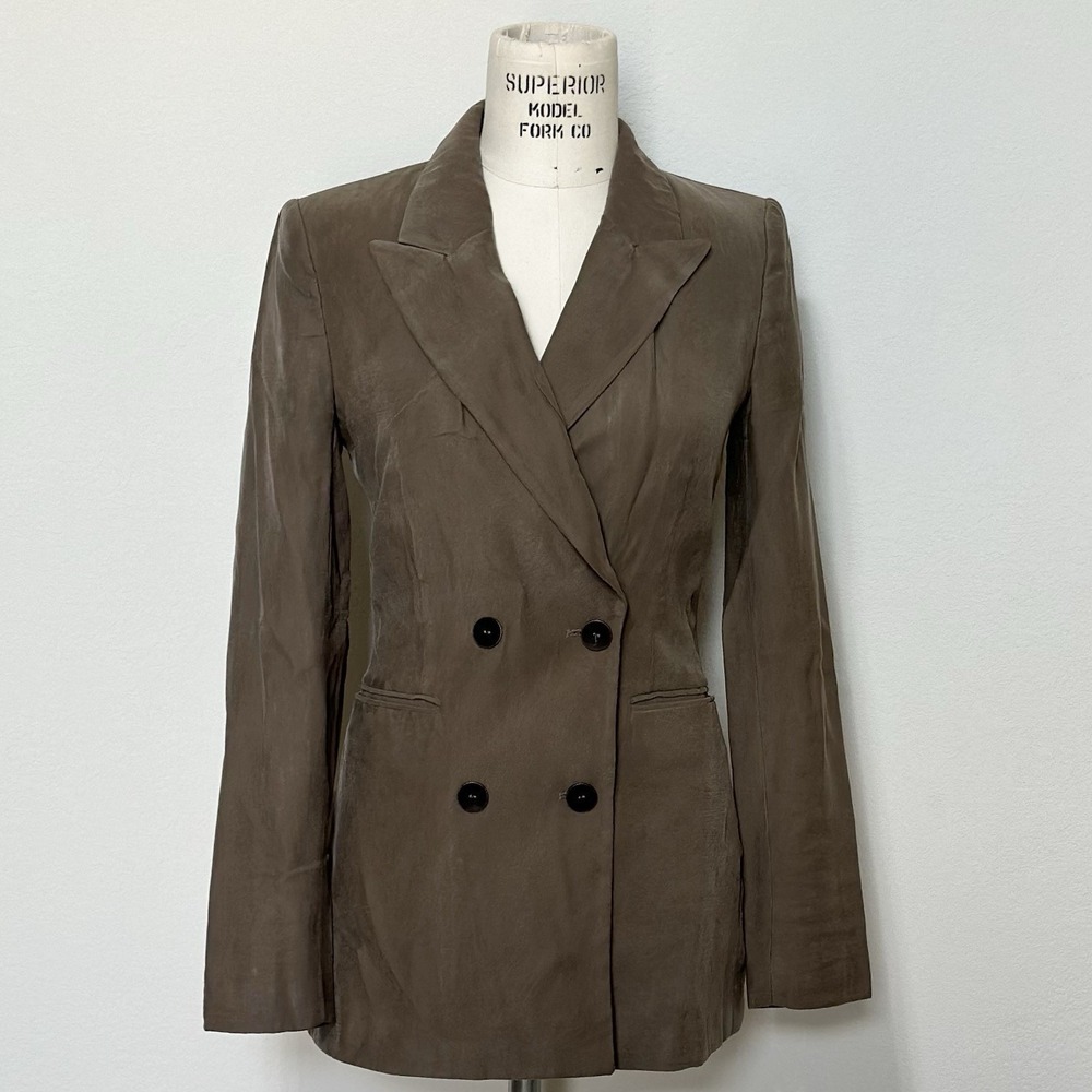 Zara Women's Double-Breasted Blazer XS Army Green Long Sleeve Blogger Office